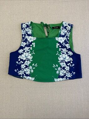Kourt XL Green Blue Floral Sleeveless Tie Back Crop Top Cottagecore